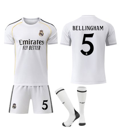 2025-2026 Real Madrid Hemma Barn Vuxen Fotbollströja Kit No.5 Bellingham No.5 Bellingham