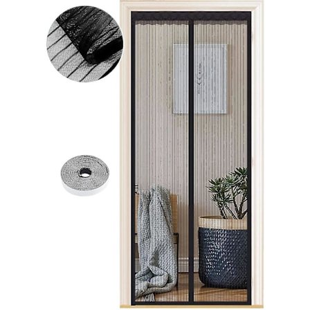 Magnetisk myggnät för dörrar, 70 x 200 cm, kraftfulla magneter, automatisk stängning, dörrgardin korridorer uteplats utan borrning, svart remsa