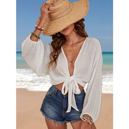 Kvinners sommer kort ermet skjorte V-hals slips dukke ermet skjorte topp hvit XL