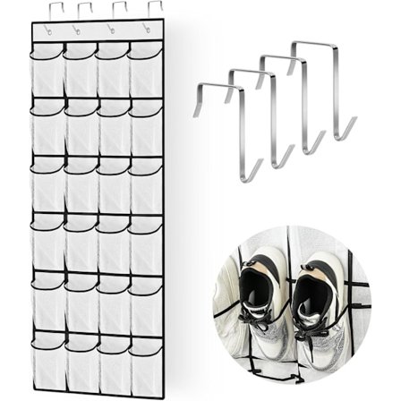 Skoorganisator for dør, 24 store nettinglommer, skooppbevaring med 4 kroker, skohylle for dør