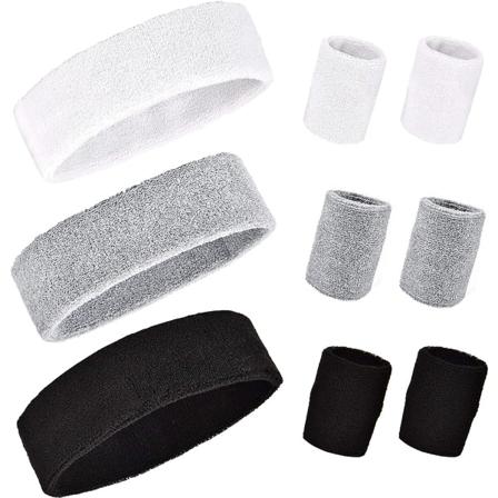 IC Pannband och set, 3 delar sportpannband, 6 delar svettband för män och kvinnor (svart+vit+grå)