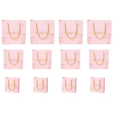 12-pack rosa presentpåsar, 3 storlekar, återvunna shoppingpåsar, sorterade detaljhandelspåsar för födelsedag, bröllop, fest, S, M, L