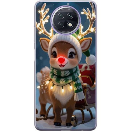 Xiaomi Redmi Note 9T Läpinäkyvä kuori Jouluisesti koristeltu poro hehkuvin sarvin, punainen nenä ja neulottu vihreä pipo seisoo kelkan edessä lu