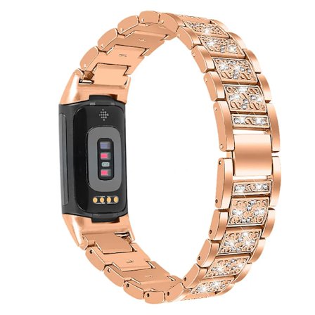 Ersättning Mode Metall Stål Klocka Bälte Briljant Rhinestone Rem För Fitbit Charge 5 Klocka Tillbehör (Rose Guld)