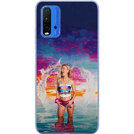 Kompatibel Mobilcover til Xiaomi Redmi Note 9 4G Blond kvinde i farverigt strandtøj, der leger i havet ved solnedgang