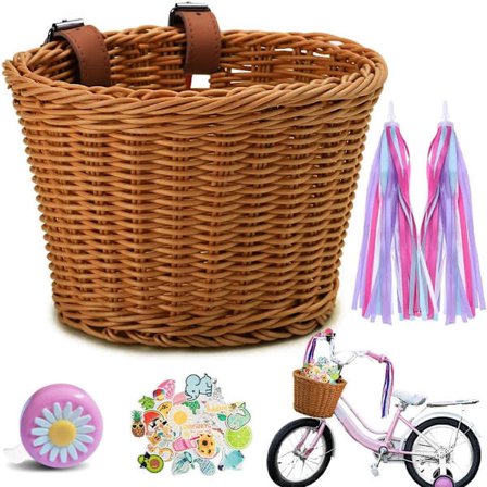 Flettet cykelkurv til børn, cykelkurv foran, cykelkurvsæt, aftagelig rattan med læderrem, klokkeklistermærker, kvaster