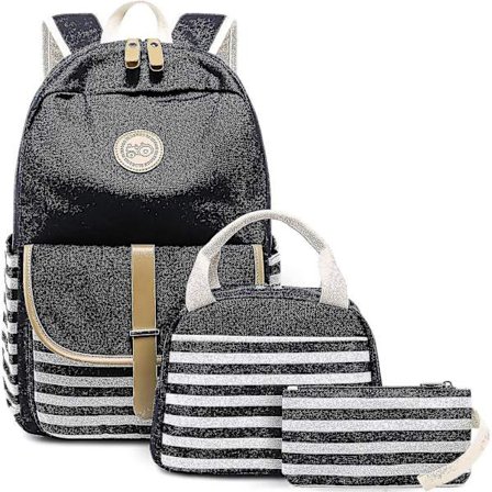 Skoletaske skoletaske skoletaske egnet til piger gymnasium, bærbar (stribet sort)