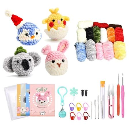 Komplett virkningskit för nybörjare, gör-det-själv pingvin, kanin, kyckling, wombat kit med stickmarkörer Chenille boll, instruktion