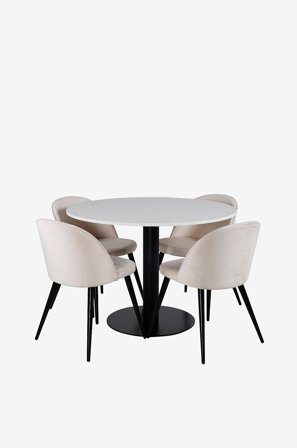 Venture Home - Spisegruppe Razzia med 4 spisebordsstole Velvet - Hvid - Spisegrupper - Fra Homeroom