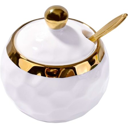 Keramisk sukkerskål, golfformet, keramisk sukkerskål med låg og gylden ske til hjem og køkken (Pink)