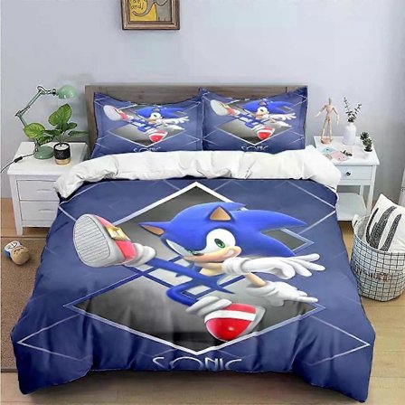 v1326 Sengetøy Utsøkt Tegneserie S-Sonic Bakgrunn Anime Digitaltrykk Sengetøysett Dynetrekk Dyne Seng Ungdom Barn Jente Gutter Gave 3-Deler