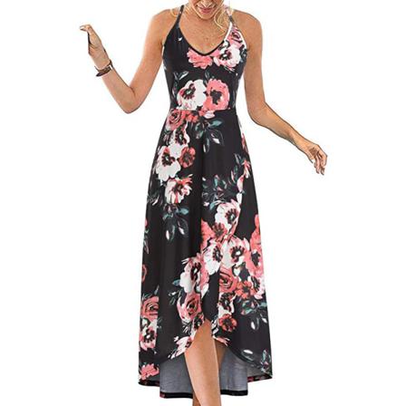 Sexig V-ringad Blommig Print Maxi Vintage Klänning Dam Backle