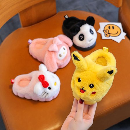 Nye tegneserie bomuldstøfler til børn til efterår og vinter, søde hjemmesko til forældre og børn, skridsikre og varme - ling ling