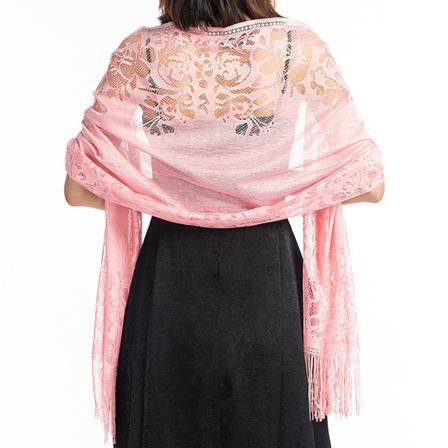 Kvinde Floral Lace Tørklæde Sjal med Kvaster, Blød Mesh Frynser W