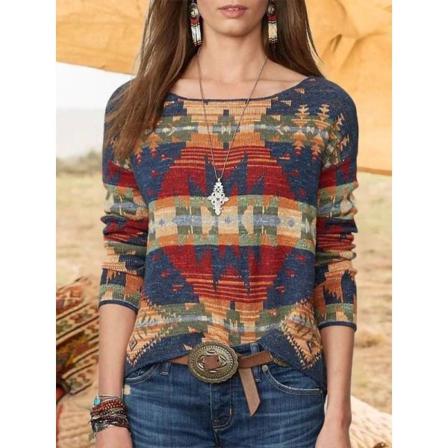 Kvinnor Printed Rund Hals Långärmad Stickade Toppar Pullover Blus