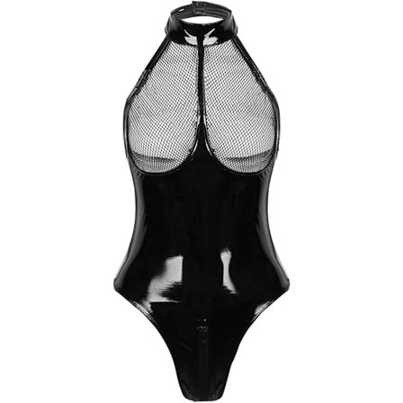 2025 Seneste Model Sexet Damestørrelse Lingeri PVC Læder Mesh BH Wetlook Halterneck Heldragt Clubwear Teddy Bodysuit X-Large