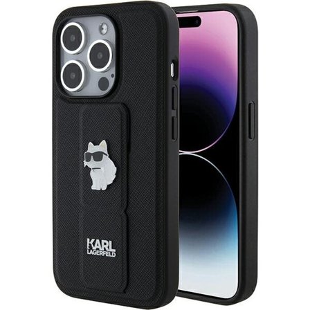 Karl Lagerfeld Gripstand Saffiano Choupette Pins kotelo iPhone 15 Pro - musta