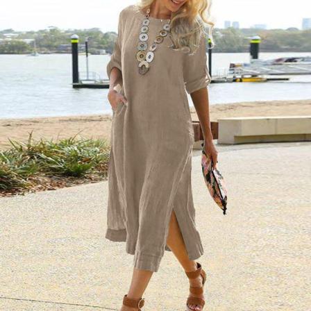 Kvinnor Sommar Roll Sleeve Long Dress Enfärgade Maxiklänningar