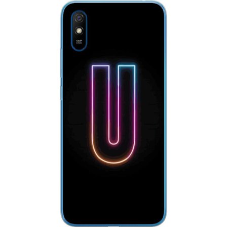 Kompatibel Mobilcover til Xiaomi Xiaomi Redmi 9A Minimalistisk neonbogstav U i farverig lyseffekt mod sort baggrund