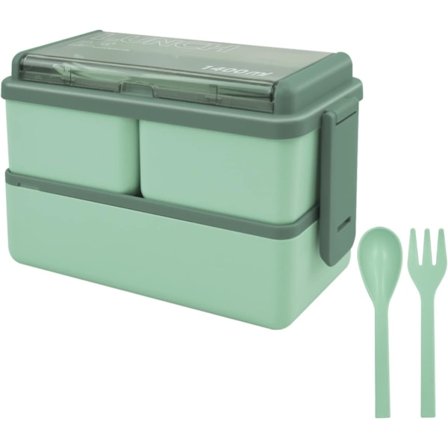 Madkasse, stabelbar, 1400 ml beholdere med 3 aftagelige rum og bestik, lækagesikre 2-lags bokse (grøn)