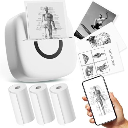Bärbar Bluetooth Termisk Skrivare med 3 Rullar Papper för Bilder, Foton, Journal Kompatibel med Telefoner och Surfplattor Vit