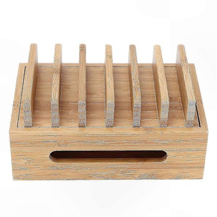 Multi-enheds ladestation med opbevaring, bambusorganisator til telefon, tablet og tilbehør