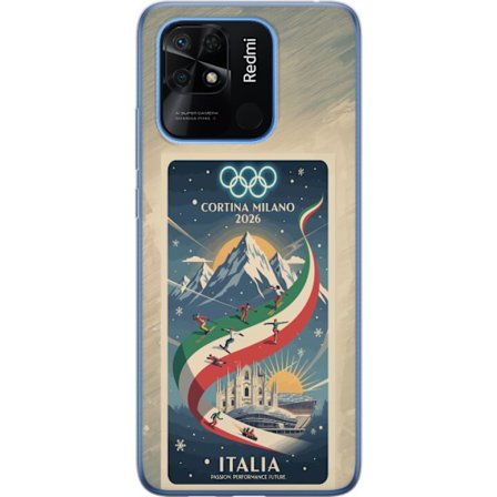 Kompatibel Mobilcover til Xiaomi Redmi 10C Skitse med skiskytteudøver der sigter med riffel på en snebaner, teksten Milano Cortina 2026 og de olympisk