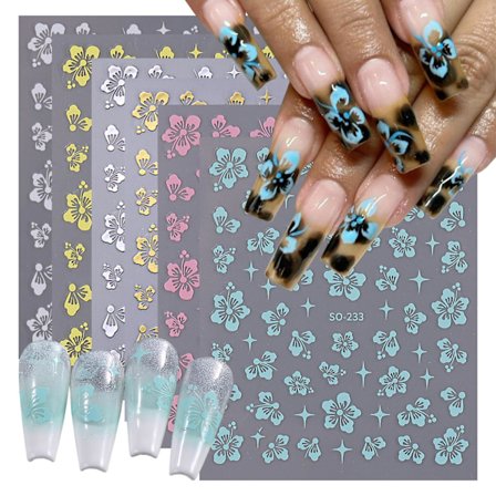 6 Ark Hibiscus Blomster Negleklistermærker til Neglekunst, Elegant Blomsterblad Negle Dekaler Blå Pink Hibiscus Design Blomst Nai