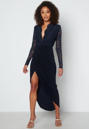 John Zack Lace Bodice Long Sleeve Rouch Dress Navy Klær
