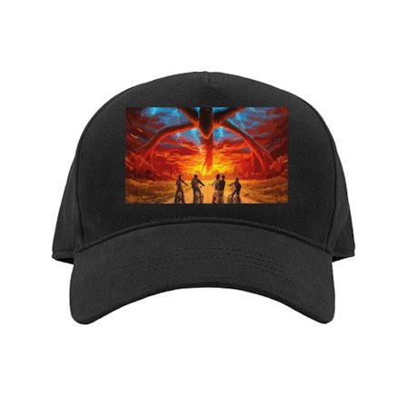 Kasket Dramatisk fantasyillustration med et enormt overnaturligt monster, lyn og cyklende børn på vej mod en glødende horisont.