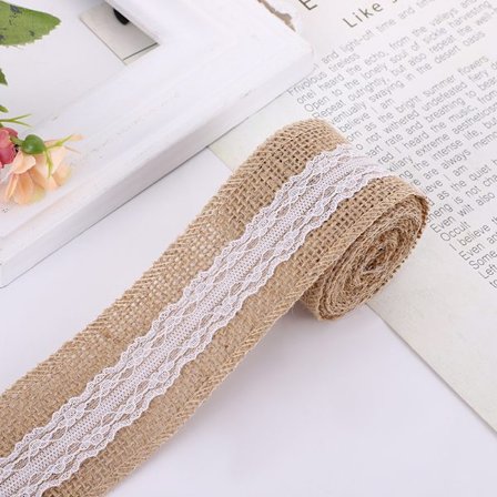 Båndruller, Naturlig Burlap Krans med Hvit Blonder, Burlap Jute Bånd, Naturlige Burlap Bånd, Blonder Håndverksbånd, for Bryllup, DIY, Gaveinnpakning,