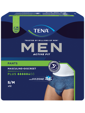 Tena MEN Pants Active Fit Plus, Small/Medium, blå, 12 stk.