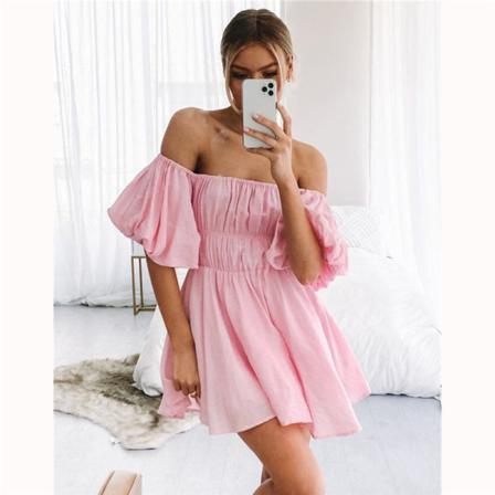 Sommar Damklänning Casual Ruffle Off Shoulder Elegant Rosa Swee