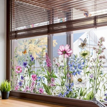 2-pak Vinduesdekoration med Farverige Blomster & Sommerfugle – Dobbeltsidet Selvklæbende Dekoration, 60×30 cm