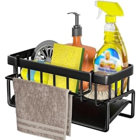 Vask Organizer, Køkkenvask Organizer med Rustfri Stål Drypbakke, Vask Hylde til Svamp, Opvaskemiddel, Viskestykke, Børste, Sort