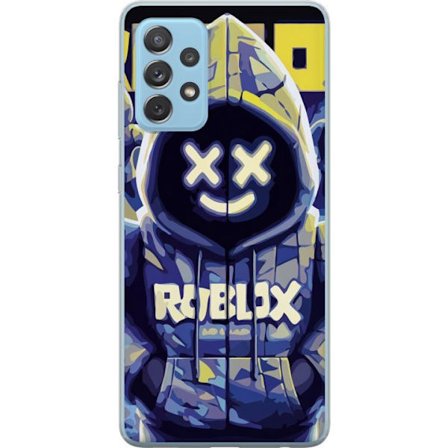 Kompatibelt Mobildeksel til Samsung Samsung Galaxy A52 5G Blågul Roblox hettegenserfigur med minimalistisk neonstil og masket ansikt, moderne spillil