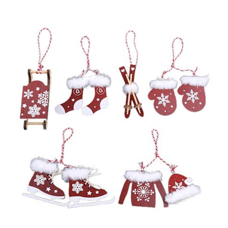 6 stk. juletrepynt Mini hansker Sokker Klær Lue Sled Ski Hengende Anheng Merkelapper Juledekor