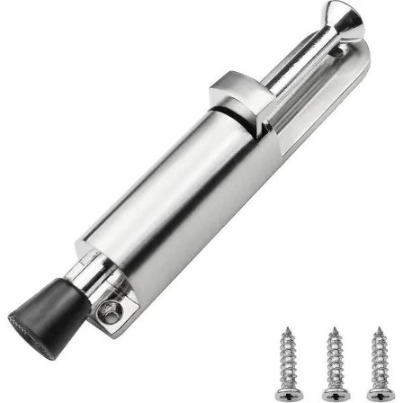 Dørstopper i metall med fjærbelastning, fotbetjent, med skruer