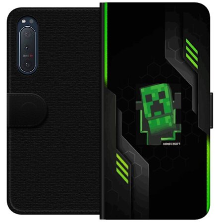 Kompatibelt Lommeboketui til Sony Sony Xperia 5 II Grønn pikselbasert creeper-lignende spillillustrasjon med futuristiske neoninnslag og mørk tech b