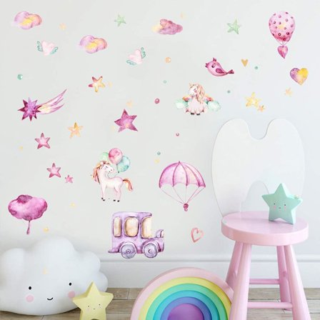 Sängkläder Söta tecknade enhörningsväggklistermärken för barn, djurdekorativa väggdekaler avtagbara DIY-väggmålning (enhörningsset)