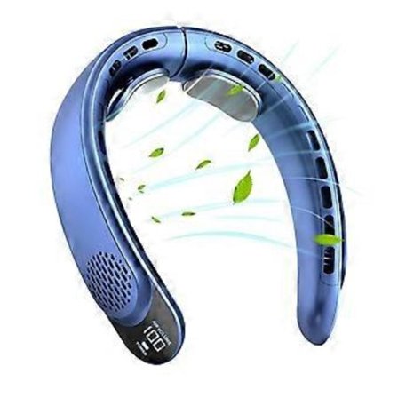 Uppladdningsbar Halsfläkt, Personlig Fläkt med LED-Display, 3 Hastigheter med 4000mAh Batteri, för Kvinnor, Män, Resor, Utomhus, Blå