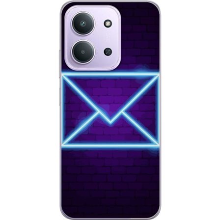 Kompatibelt Mobilskal till Xiaomi Xiaomi Redmi 15C Neonillustration av kuvert i blått ljus mot lila tegelvägg, modern symbol för meddelanden kommun