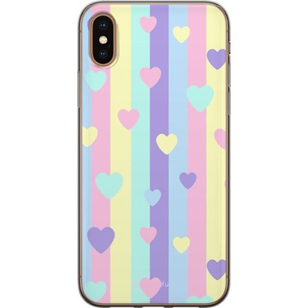 Kompatibel Mobilcover til Apple iPhone X Pastelstriber i lyserød, gul, lilla og blå med spredte hjerter i blød kawaii-stil.