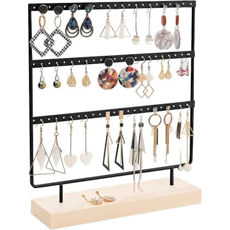 Örhänge i trä och metall, vintage smyckesorganisatör, svart örhängeshållare med träbas (69 hål och 3 halsar)