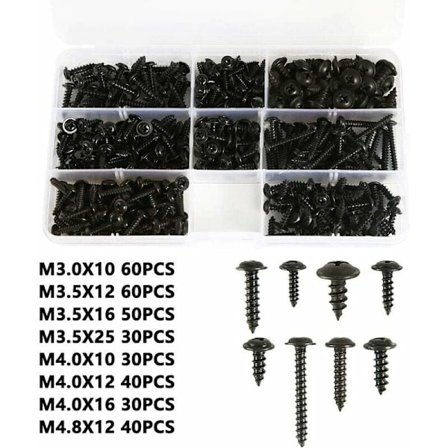 340 mustaa itseporautuvaa peltiruuvia, ruostumatonta terästä St