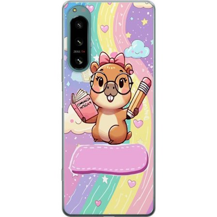 Kompatibelt Mobilskal till Sony Sony Xperia 5 IV Söt kawaii-karaktär av liten gnagare med glasögon, bok och penna, pastellfärger och regnbågsbakg