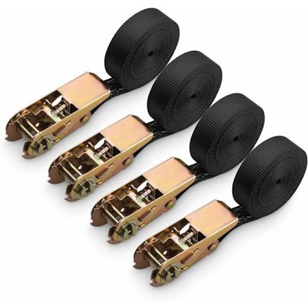 4-pack Spännband med spärr, Polyesterspännband för motorcykel, bil, cykel, släpvagn, 800 kg kapacitet, 6 m x 25 mm - Svart
