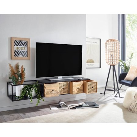 Rootz-alusta riippuva mango massiivipuu - metalli 150x25x35 cm TV-kaappi musta - Design-TV-taso moderni - TV-kaapin seinä - TV-kaappi TV-kaappi ripust