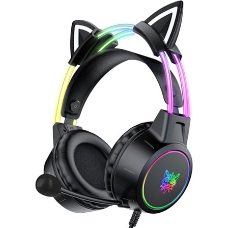 Lätta gaming-headset med avtagbara kattöron, Gradient RGB-ljus, Trådbundna over-ear-hörlurar för PC/PS4/PS5/XBOX/Switch, Virtu