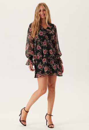Bubbleroom - V-neck Frill L/S Chiffon Dress - Black/Patterned - Kläder